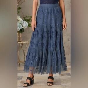 Tolani Rielle Floral Embroidered Mesh Maxi Skirt in Dark Denim